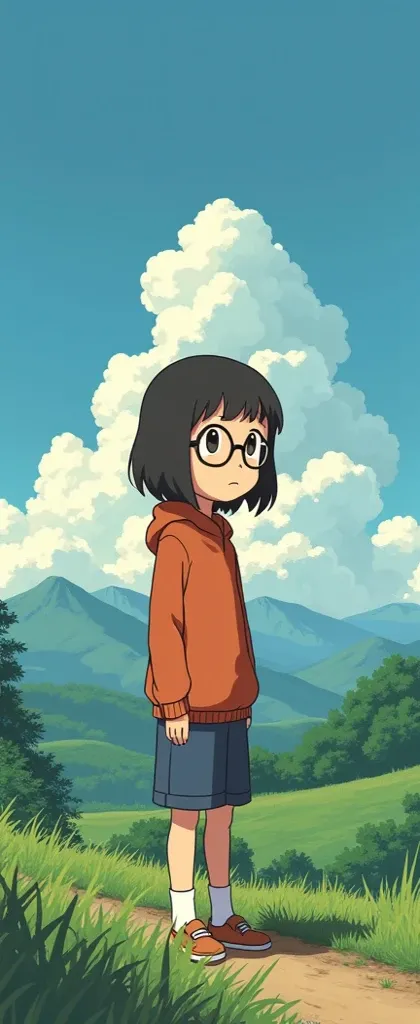 I need you to draw me a picture with this picture, in the style of Studio Ghibli, y with a different background like the beautiful landscapes in your animation, And I have to have glasses, They are brown with light brown spots