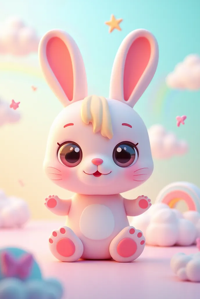 Create a cute and charming 3D-rendered animal mascot, with a soft and adorable cartoon style. The character should be a mix of pastel colors, such as pink, lavender, light blue, pale yellow, and mint green. The animal can be a bunny, a cat, a bear, or a cu...