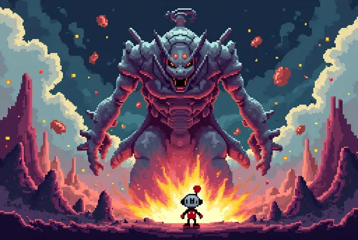 Play the main character of the game Cuphead in a game scenario, but using pixelated graphics(8-bit ), Make this scenario a fight against a boss from the game.