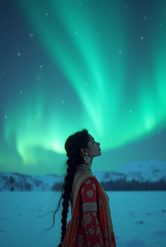 Beautiful girl with wavy long hair braided, south indian dress, admiring northern lights, backside view 