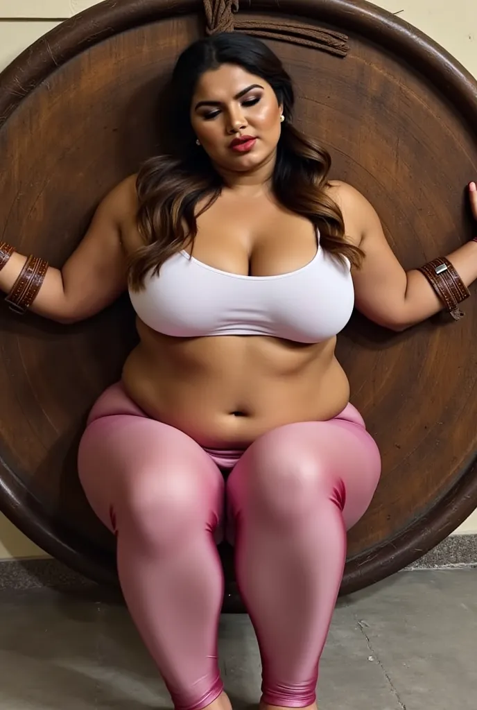 A voluptous  plus size desi  aunty woman , , bombshell, thick and full makeup is tied to a large, fair skin,spinning old wooden  circular board against the wall. unconsious body in contact with board, ,She has a fair complexion, expressive dark eyes,  eyes...