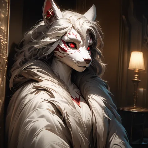 Furry woman with red eyes in dark fur,  in a dark room