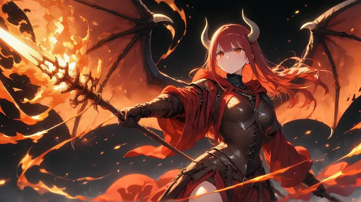 a Female demon with demon wings and horns and long red hair wearing a red robe with a hood over a medieval leather armor swinging a fire spear, black background, high detail, high quality, best quality, masterpiece, 8k