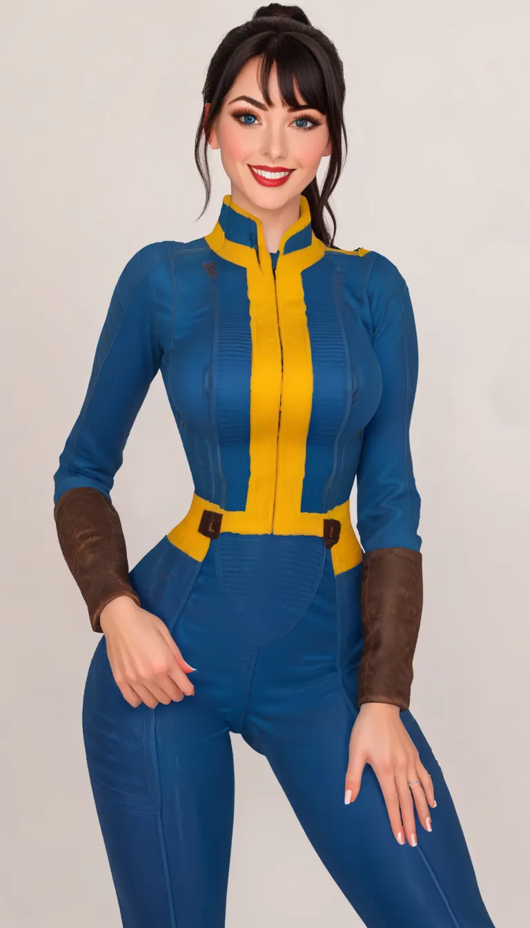 ((masterpiece)), ((best quality)), ((ultra-detailed)), ((1girl)), ((Lucy from Fallout)), ((loose one shoulder white cropped sweatshirt)), ((tight blue vault suit leggings)), (([33] text within a circle)), toned body, ((pin up pose)), ((ponytail black hair ...