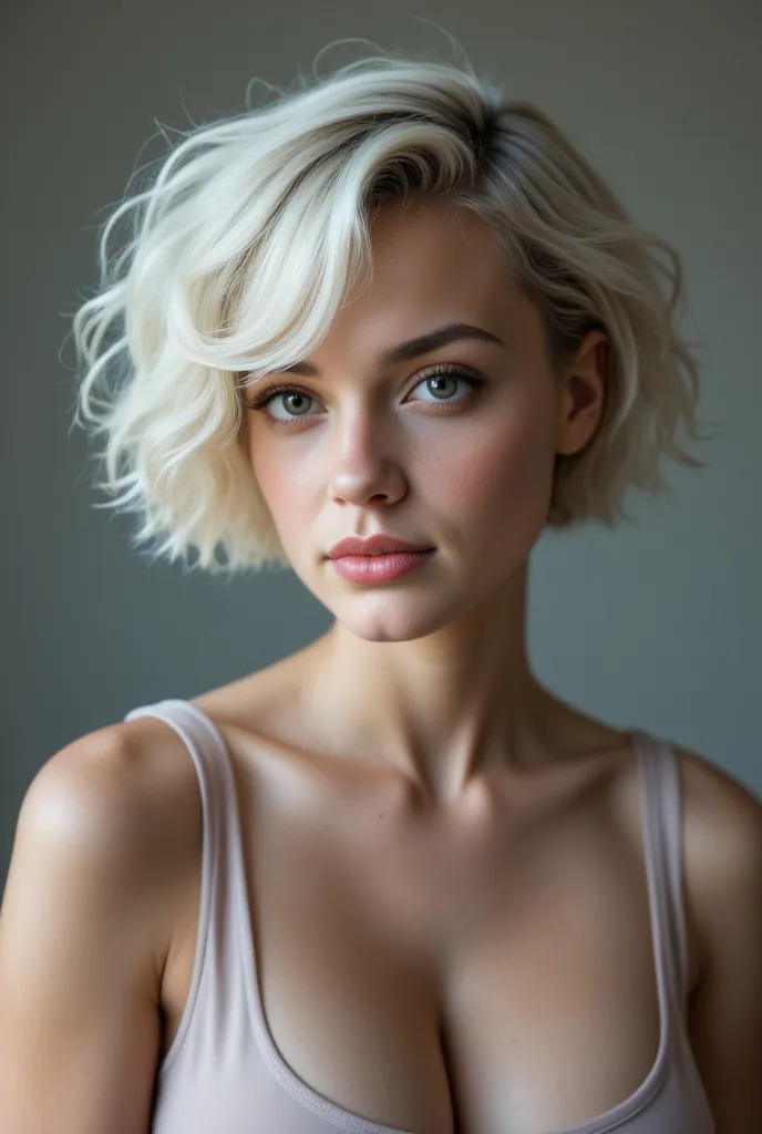 Do the full body Sydney Sweeney, side view, profile view, looking at camera, cowboy shot, tank top, she has short white hair