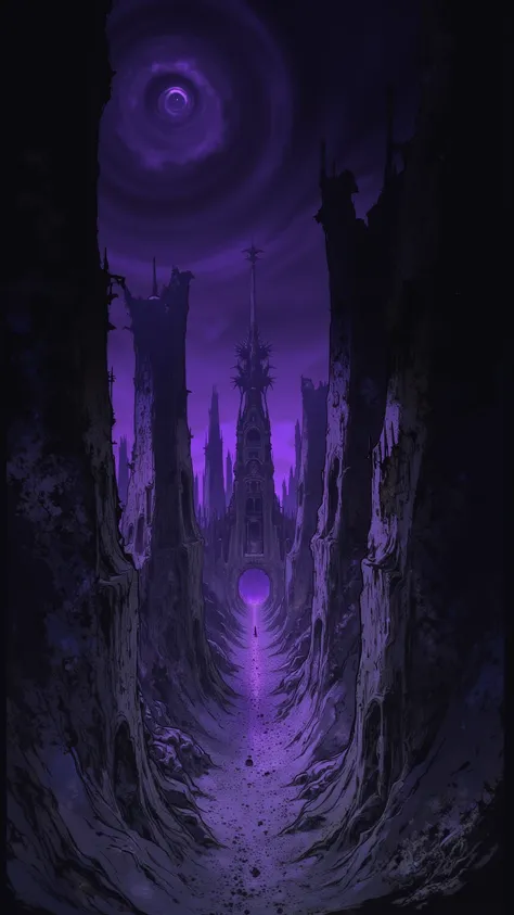 (angle: General plan — Dark tone, with a contrast of light and shadow)
Gulawn Ruins — Skeletal towers rise above the gray earth, covered by purple mists that whisper forbidden spells. In its dark streets, Echoes of lost laments still resound.

