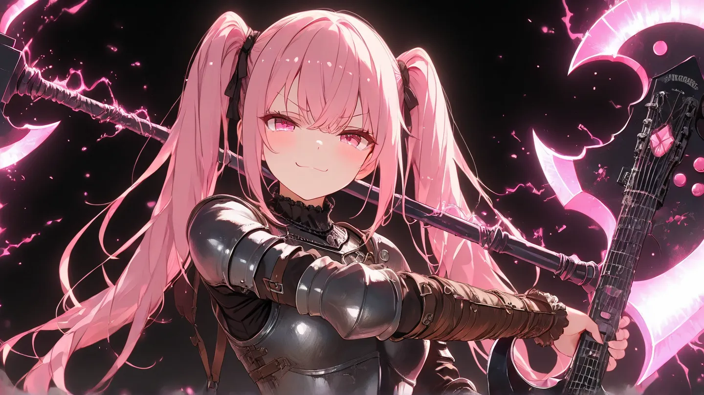 HD anime scene of a small 20 year old girl with pink twintail hair wearing a brown medieval leather armor while swinging her large axe shaped black metal guitar leaving behind a pink energy tendril with a smug expression, black background,  high detail, hi...