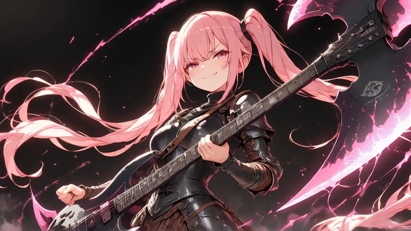 HD anime scene of a small 20 year old girl with pink twintail hair wearing a brown medieval leather armor while swinging her large axe shaped black metal guitar leaving behind a pink energy tendril with a smug expression, black background,  high detail, hi...