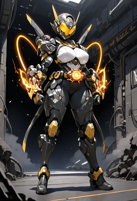 (best quality)), ((masterpiece)),full body, Magic Girl、Futuristic exoskeleton,Wear a Helmet, Face Unknown , Futuristic Helmet Design, Futuristic Iron Gauntlet on Your Arm、 Futuristic Iron Boots、 Composite layered chest armor,Big Breasts、Rider Belt