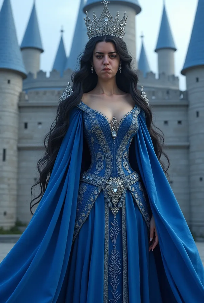 Beautiful black-haired queen in front of her blue castle blue dress and blue crown 