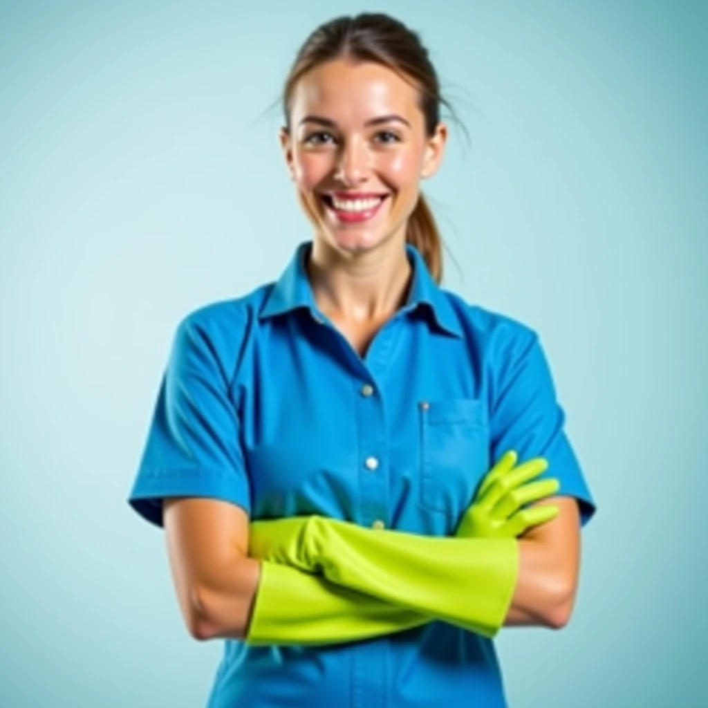 A professional cleaning woman, smiling and accessible,  holding a cleaning spray in one hand and a microfiber cloth in the other, Ready for work . She wears an intense blue uniform (#2638B6), and with a functional design, in addition to vibrant lime green ...