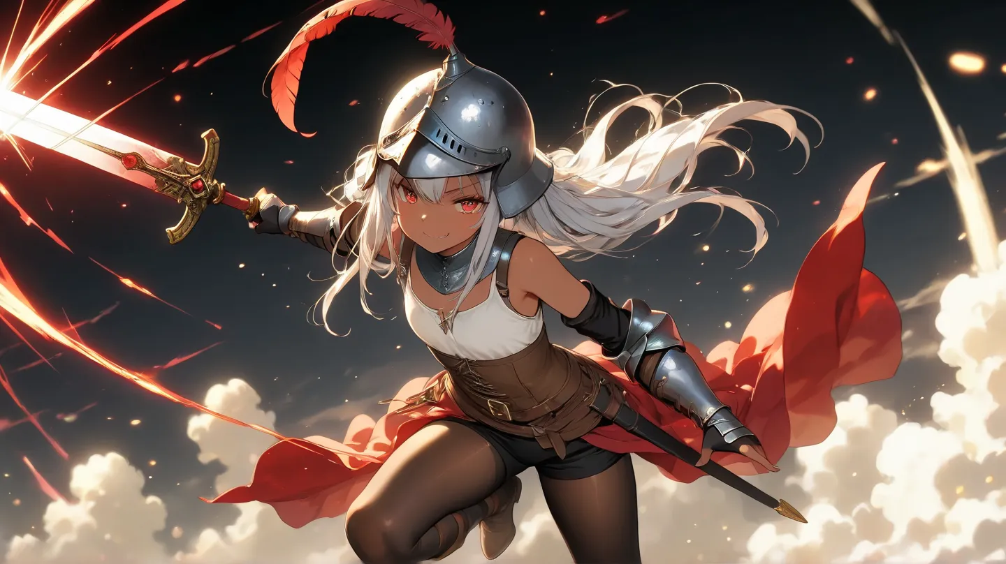 a dwarf size joyful physically thick young short dark skin small-sized girl, with short silver hair and red eyes wearing a medieval helmet with a red feather and medieval full arm gauntlets and knee height tights and a short white tank top and black shorts...