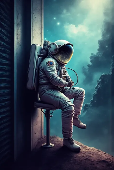 Astronaut standing against the wall with one foot on the ground and the other foot against the wall behind him