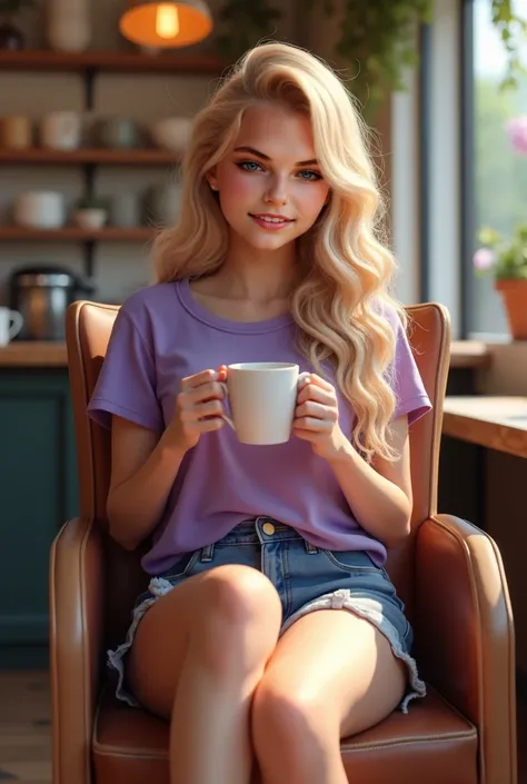 a super realistic 20-year-old woman with a soft and super young appearance, with long wavy blond hair and curly tips,  dark blond scalp and blue eyes ,medium bust, thick legs and guitar-shaped body,beautiful curves. she's wearing a purple t-shirt and denim...