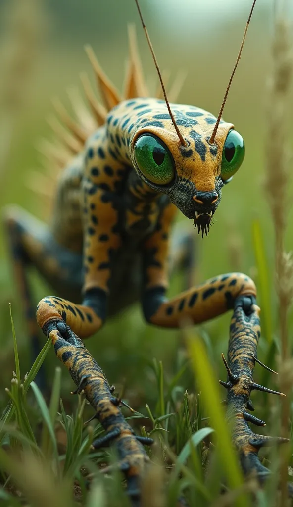 A terrifying hybrid of a cheetah and a praying mantis, crouched low in the tall grass, ready to pounce. Its sleek, spotted feline body is enhanced with deadly mantis-like forearms, lined with razor-sharp spines. Its multifaceted insect eyes glow with an ee...