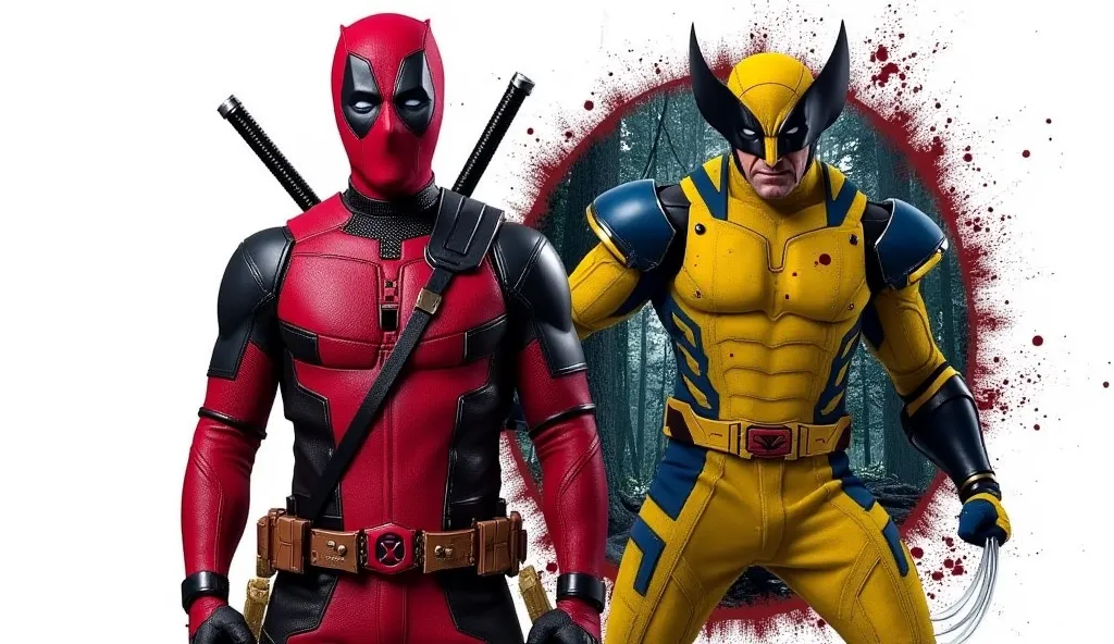 Deadpool the Mad Mercenary 
*Deadpool with a red and black mask*, holding two katanas and a golden pistol, with a white background and traces of blood in the background 
*Wolverine with his steel claws*, in a fighting pose , with a dark forest background.
