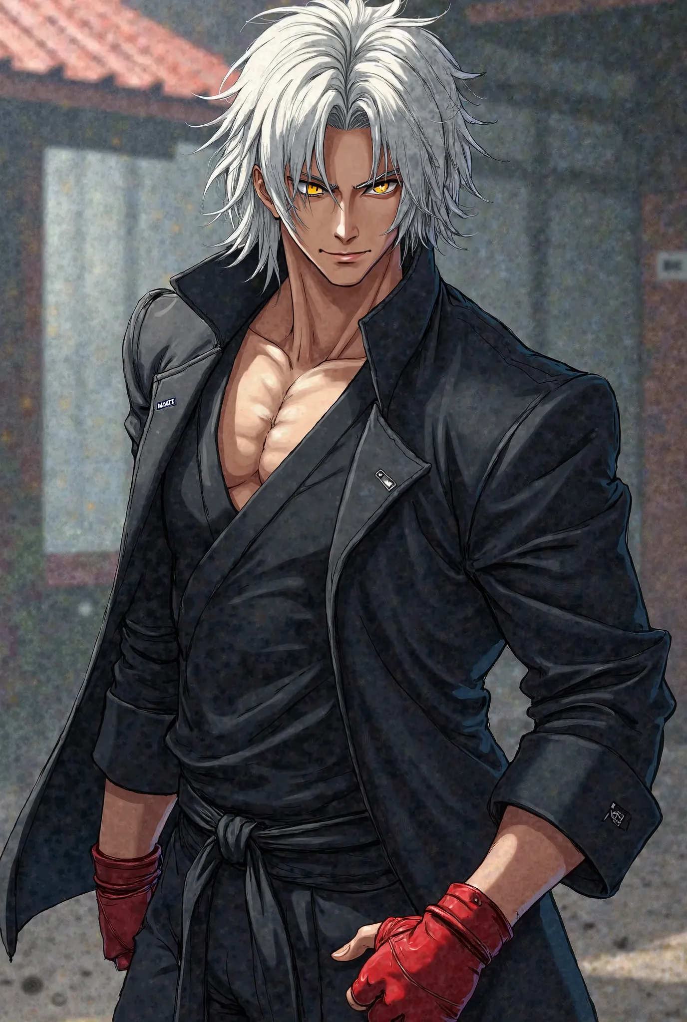  Male character, anime,  medium white hair ,  Yellow Eyes, Muscular, black jacket, red karate glove 