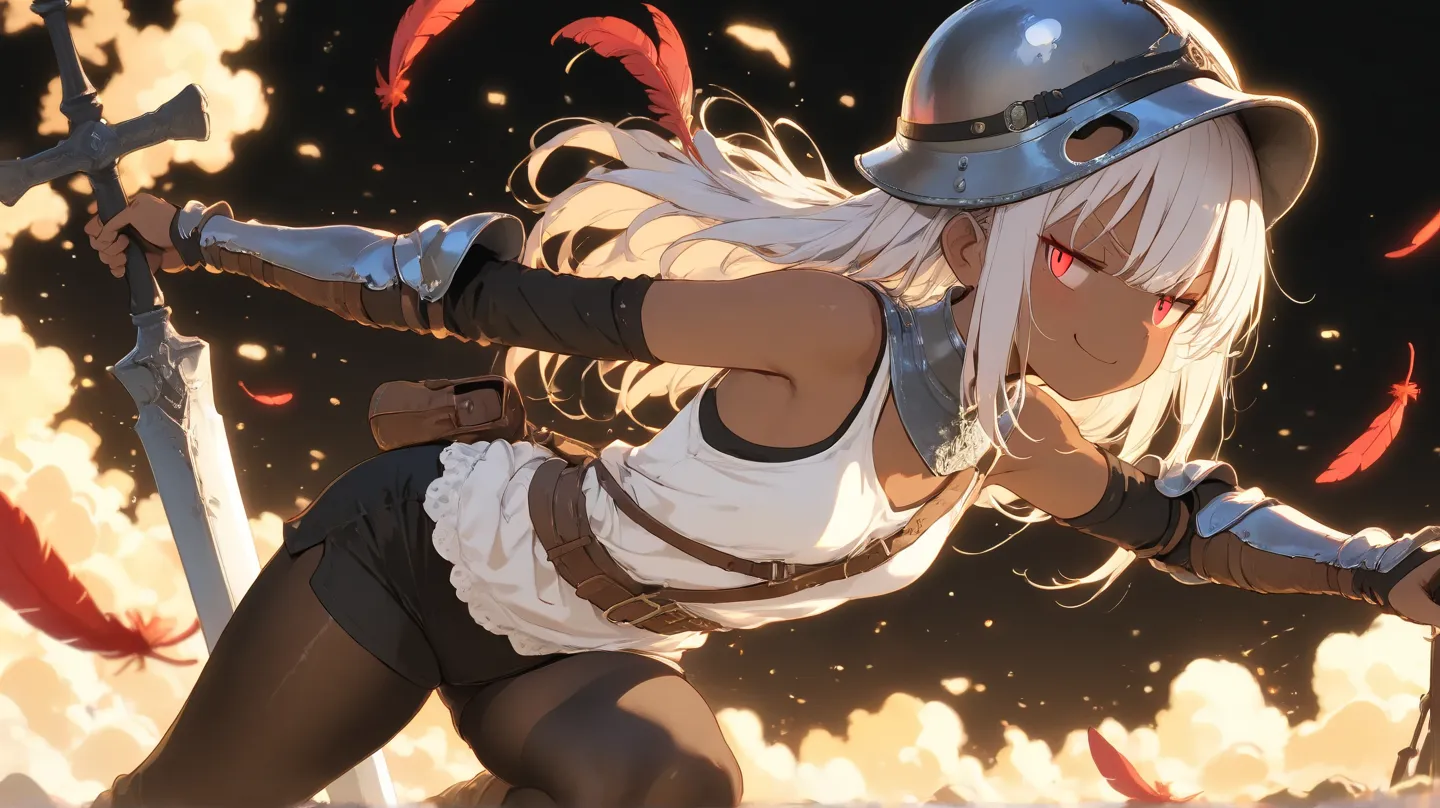 a dwarf size joyful physically thick young short dark skin small-sized girl, with short silver hair and red eyes wearing a medieval helmet with a red feather and medieval full arm gauntlets and knee height tights and a short white tank top and black shorts...