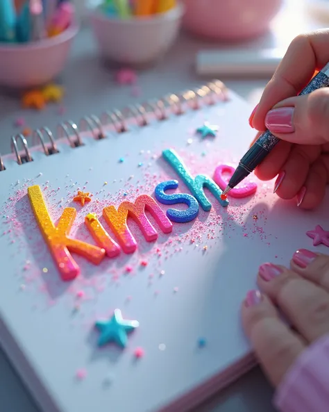 A 3D render of a talented artist passionately crafting name “kimshe” with a magical pen that seamlessly transitions through the entire pastel rainbow color spectrum. The name creation bursts into a dazzling display of creativity, highlighting the artist's ...