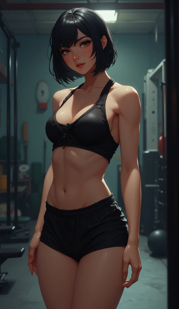 High Resolution, Masterpiece, Accurate, Best Quality, HD, High Details, 1girl, Solo, goth girlfriend, white skin, short black hair, working out, subtle muscles, abs, black sports bra, black workout shorts, large chested, full thighs, tall, dominant, garage...