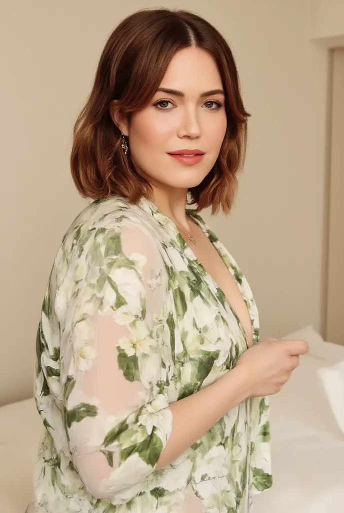 best quality, highres, 8k, masterpiece, photography, detailed midbody photorealistic portrait. Mandy Moore wears a flowing, pastel green kimono-inspired lingerie set, with floral embroidery reminiscent of peonies and lotuses. The fabric is soft and lightwe...