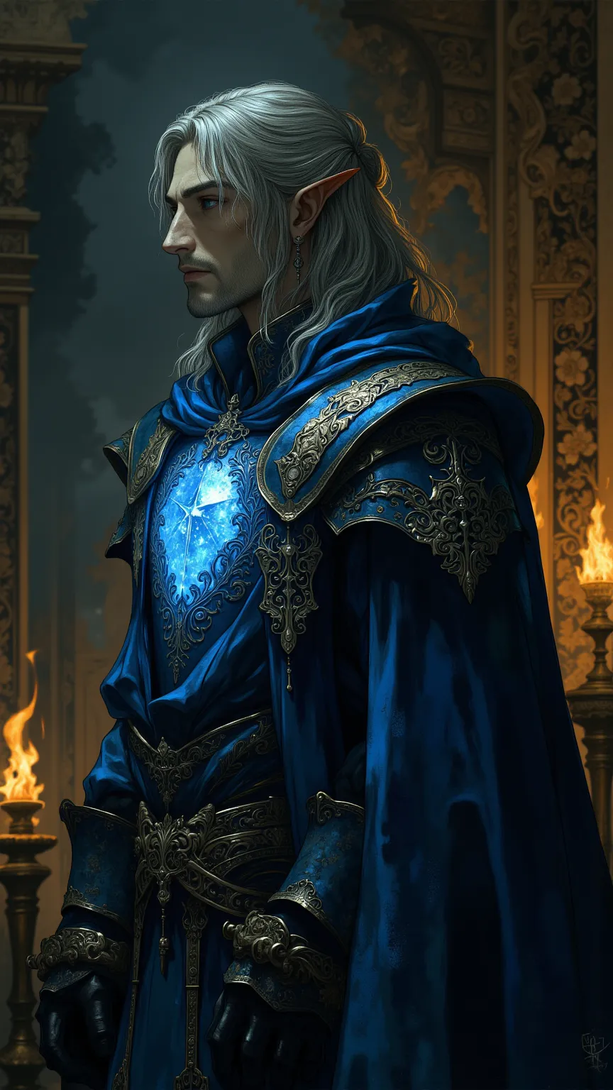 Hélion's Elf Oath in the Sea Hall
(angle: Close-up — Dramatic lighting, shadows cut by the glow of the torches)
The flames of the lamps dance in Hélion's eyes as he stands before the Council. The reflection of light in his navy-blue armor makes his chest a...