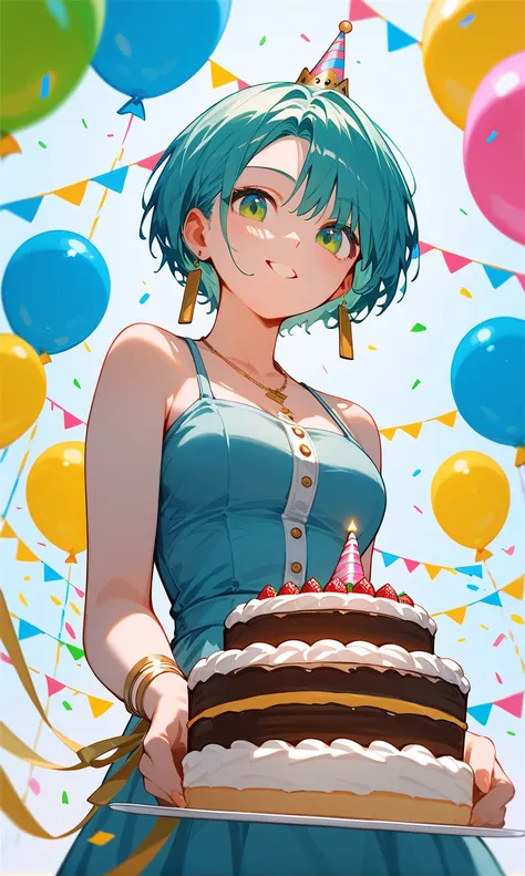 anime girl short hair blowing birthday cake, illustration, masterpiece, cool ilumination, cute expression, birthday illustration, green color, cool angle