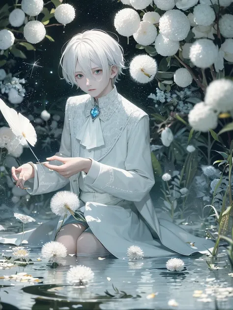 1boy，Male，Young man，Pale ager，（（（Rose blanche））），white  shirt，（（bandagens) )，The screen contrast is low，High brightness，White hair，Light blue leaves，softlighting，misterious ambience，flood11years old boy with blue eyes, stranding in the middle of a field fe...