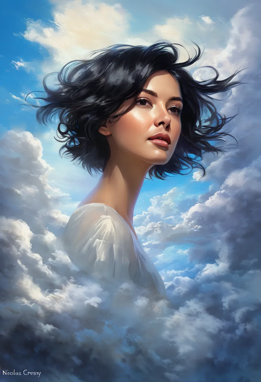 [fantasy, Russian girl / black hair short disheveled bob:16] in magical clouds (((Created by Nicolas de Cressy))), oil palette canvas / akril, intricate, extremely attractive, complex key, ((single shot)), ((best quality)), ((masterpiece)), ((realistic)), ...