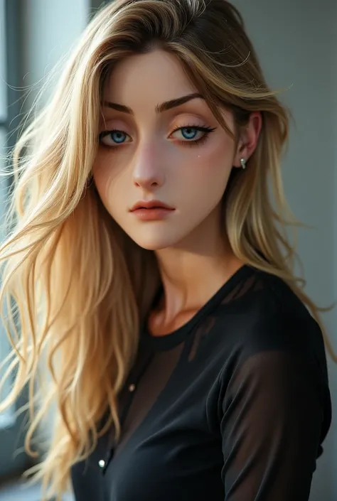  blond haired girl, sky blue eyes , The girl has a sexy smile with a penetrating look and modern and tight clothing 