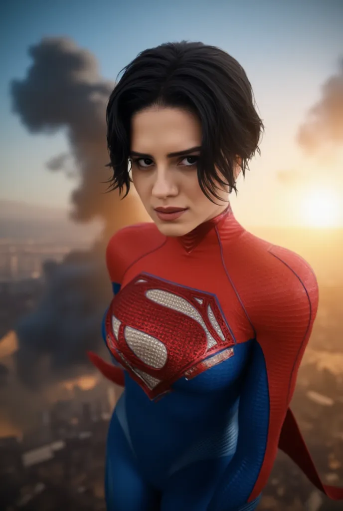 Sexy busty supergirl, superhero, beautiful detailed eyes, beautiful detailed bright smiling lips, extremely detailed face and body, long eyelashes, black hair, heroic pose, tight bodysuit, flying, cityscape background, sun raise, cinematic lighting, dramat...