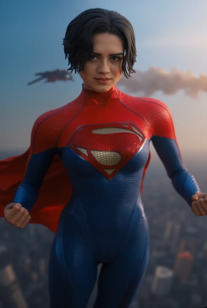 busty supergirl, superhero, beautiful detailed eyes, beautiful detailed bright smiling lips, extremely detailed face and body, long eyelashes, black hair, heroic pose, tight bodysuit, flying, cityscape background, flying in space, cinematic lighting, drama...