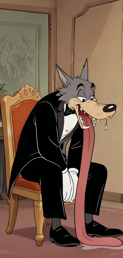 Tex Avery Wolf, animation, 2D, cartoon style, wolf ears, looking down, mouth open, mouth watering, teeth’s, extremely long tongue stretches down longer and longer and longer and longer to slither across the table, drooling, happy expression, grey fur, deta...