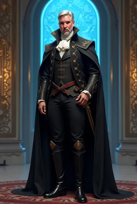 Hot Duke of the 18th Century, well-groomed short silver hair, brown eyes,  50-year-old adult , strong, high,  with white skin, full body, black pants, Black High Boots, with a sword in its scabbard,  elegant. the background of a palace with the text "Elite...