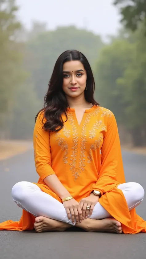 , indian girl has worn kurti with tight cotton white leggings she has sited on road looking at camera her kurti upside down