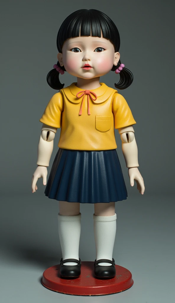 Create a life-sized, perfectly accurate replica of the Squid Game doll. The doll is a young girl with a vintage, slightly eerie appearance. She has short, straight black hair cut into a bob with blunt bangs, perfectly framing her face. Her eyes are large, ...