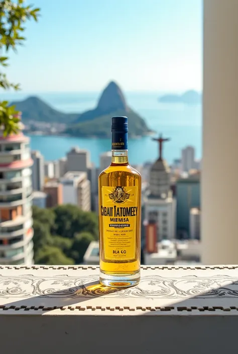 Change the background of that image to one of Rio de Janeiro and highlight the bottle 