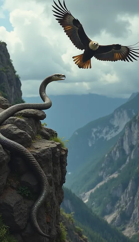 High above a rugged mountain range, a sinuous snake with iridescent scales slithers along a rocky ledge as a majestic eagle soars overhead. The eagle’s piercing eyes lock onto the snake’s hypnotic, undulating form as stormy clouds gather, setting the stage...