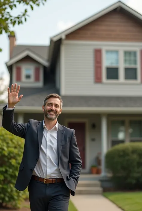 A man waving hand to a house holder from outside. The house has "IELTS" label written on the facade. 