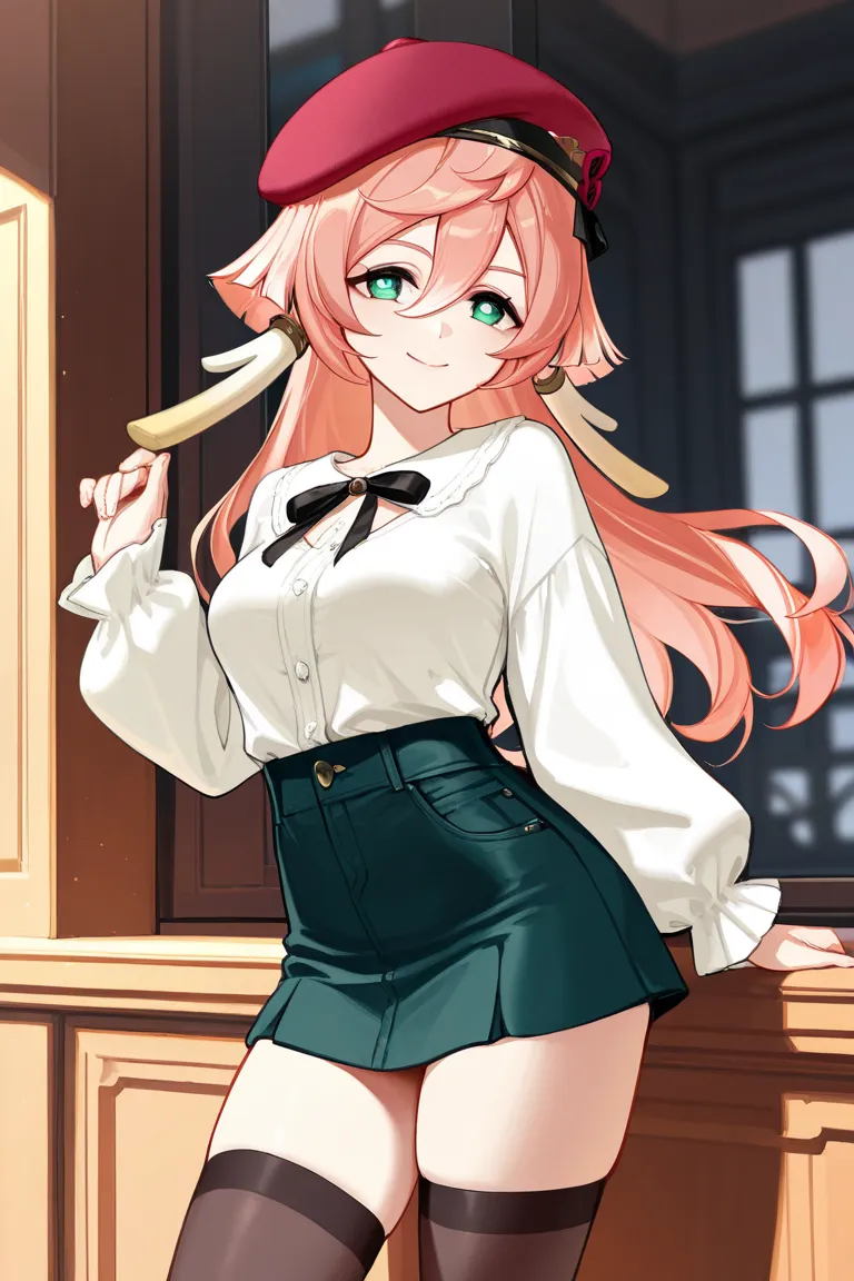 8k,masterpiece, best quality, ultra detailed, high resolution, super fine illustration, Yanfei (genshin impact),1girl, solo, smile, green eyes, antlers, pink hair, medium breasts, beret, casual fashion outfit, miniskirt, thighhighs, looking at viewer,