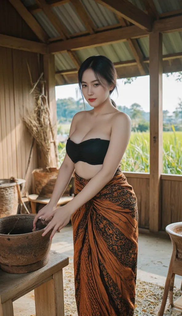 "A tall, fair-skinned Korean woman with a height of 180 cm, a curvaceous figure, and large breasts, wearing a black crop tanktop kemben and a brown batik sarung wrapped around her waist. She is operating a traditional rice milling machine in a rural Indone...