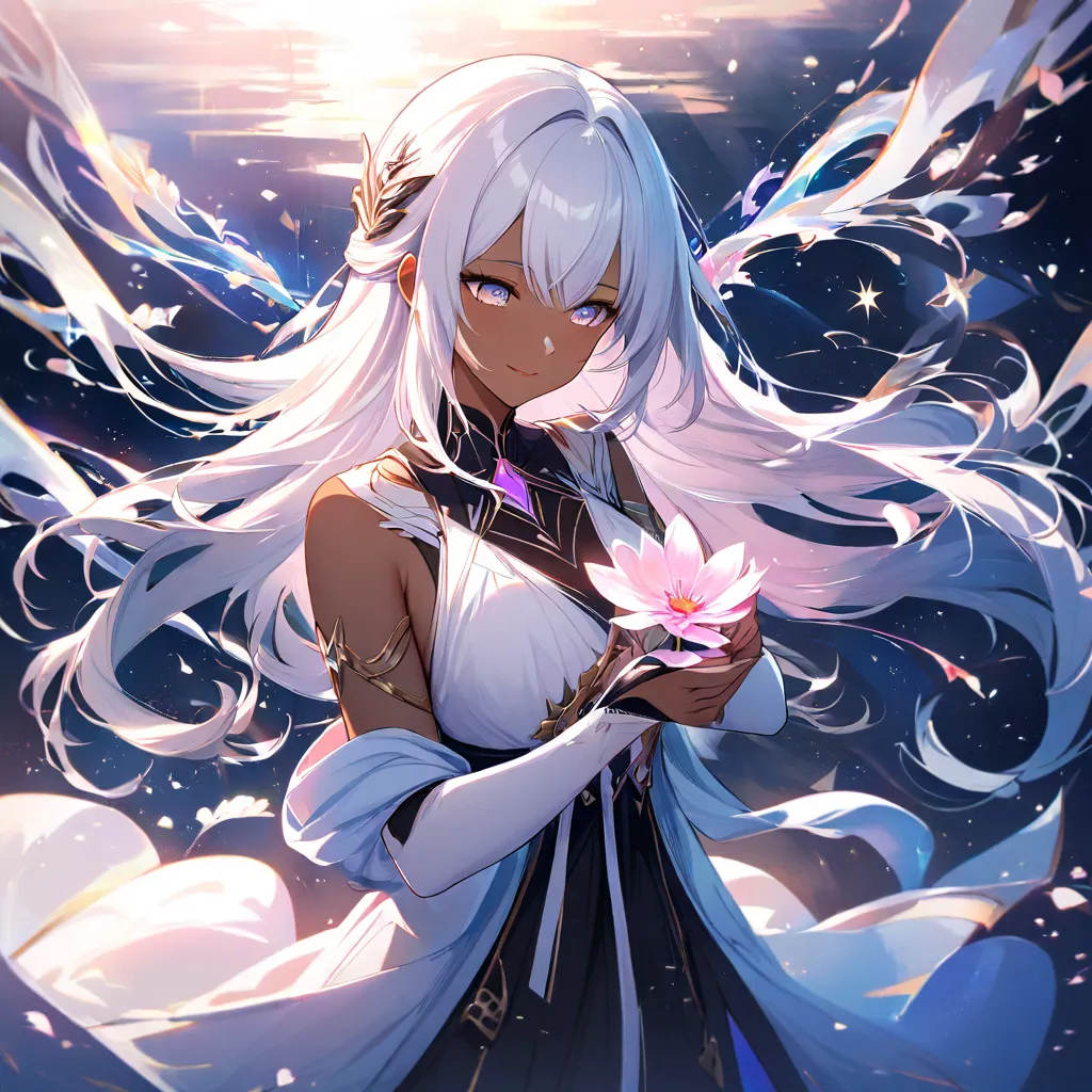 White-haired princess, long clothes, gentle smile,  with a flower in hand, light eyes and dark skin 