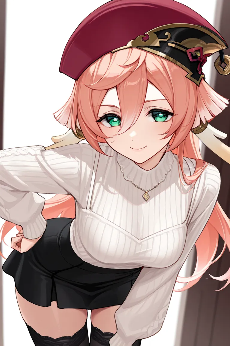 8k,masterpiece, best quality, ultra detailed, high resolution, super fine illustration, Yanfei (genshin impact),1girl, solo, smile, green eyes, antlers, pink hair, medium breasts, beret, casual fashion outfit, miniskirt, thighhighs, looking at viewer,