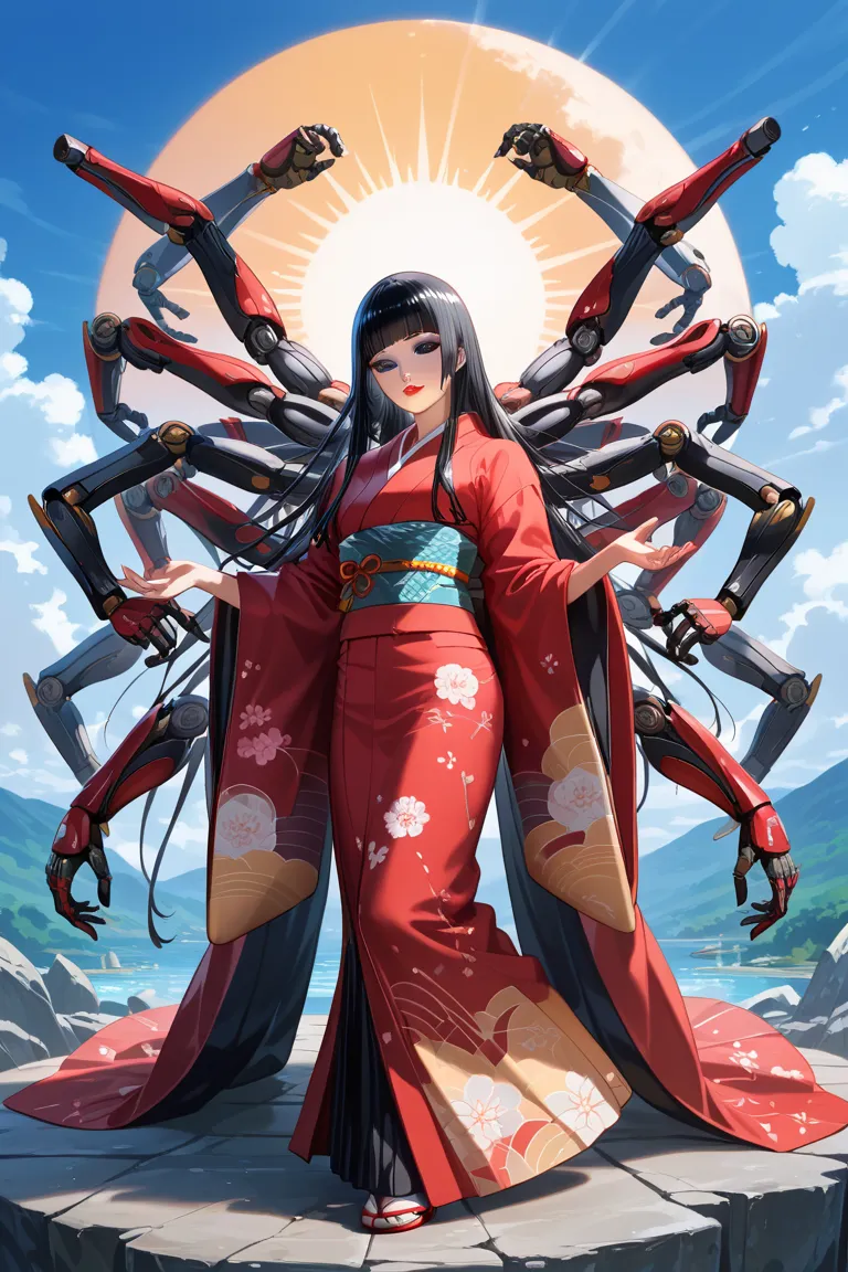 senjumarushutara, senjumaru shutara, long hair, bangs, blunt bangs, black hair, sidelocks, (black eyes:1.5), makeup, lipstick, red lipstick,
BREAK japanese clothes, kimono, mechanical arms, extra arms,
BREAK looking at viewer, upper body, (full body:1.2),
...