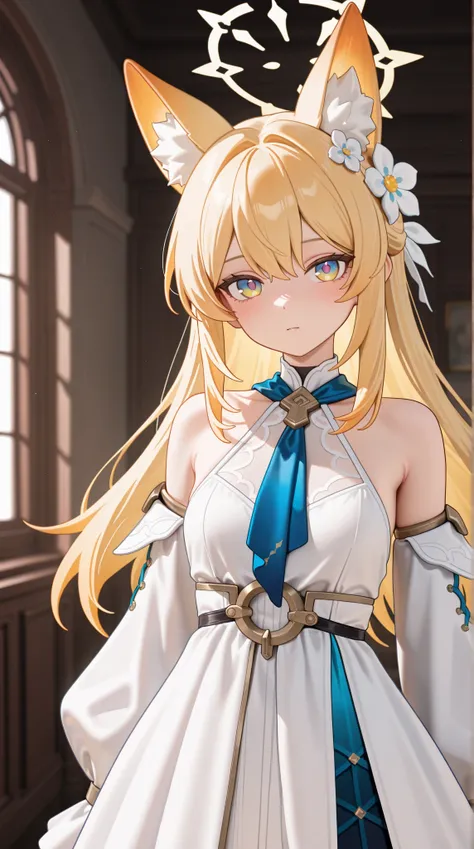 1 , (exilium:1.1), 
adult,
animal ears, Alone, blond hair, halo,  long hair, looking at the viewer,  fox ears,  cute animal ear ,  dress, gravata, white  dress,  detailed,  mouth shut, hair ornament, yellow halo, upper body, hair flower,  Yellow Eyes, Blue...