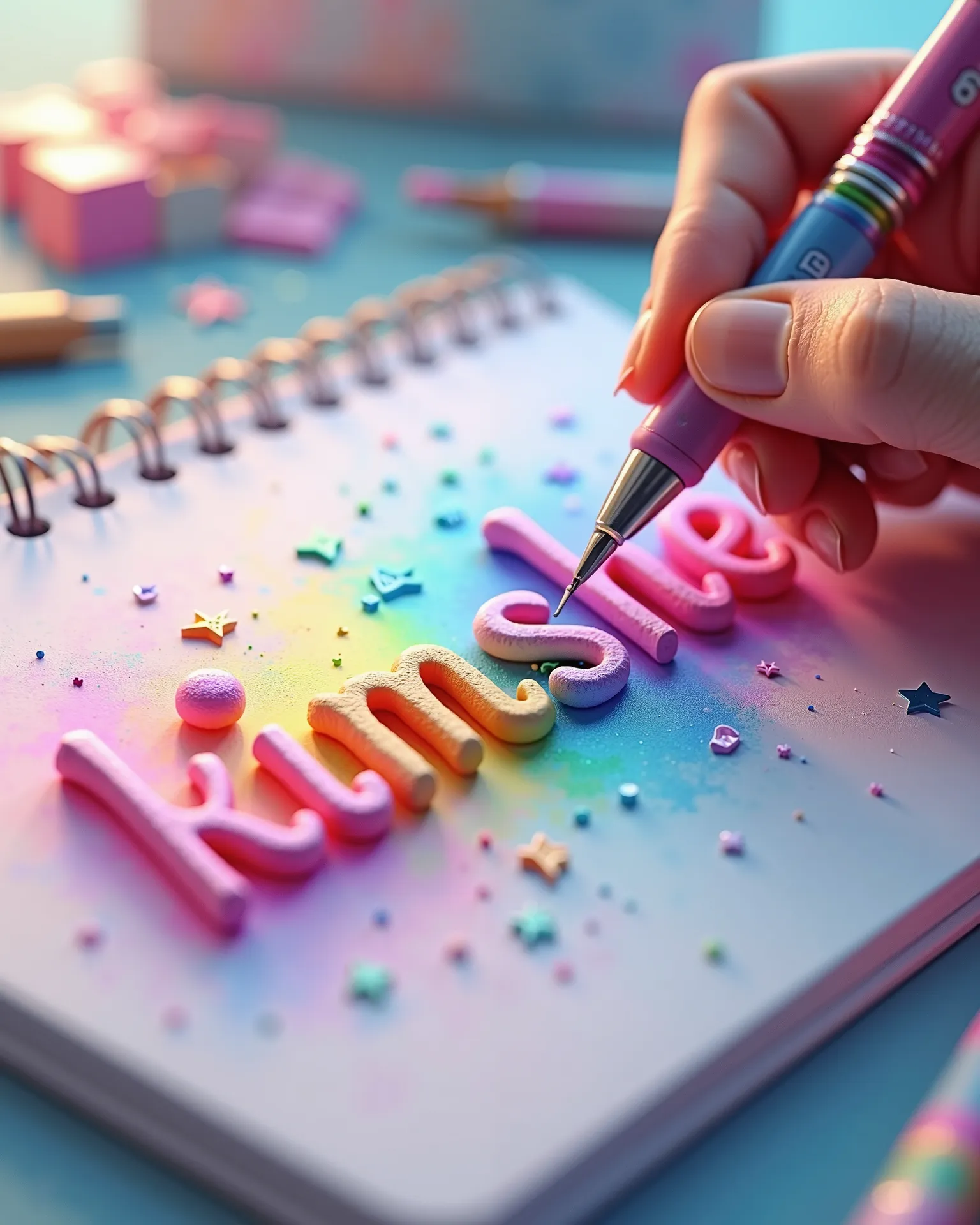 A 3D render of a talented artist passionately crafting name “kimshe” with a magical pen that seamlessly transitions through the entire pastel rainbow color spectrum. The name creation bursts into a dazzling display of creativity, highlighting the artist's ...