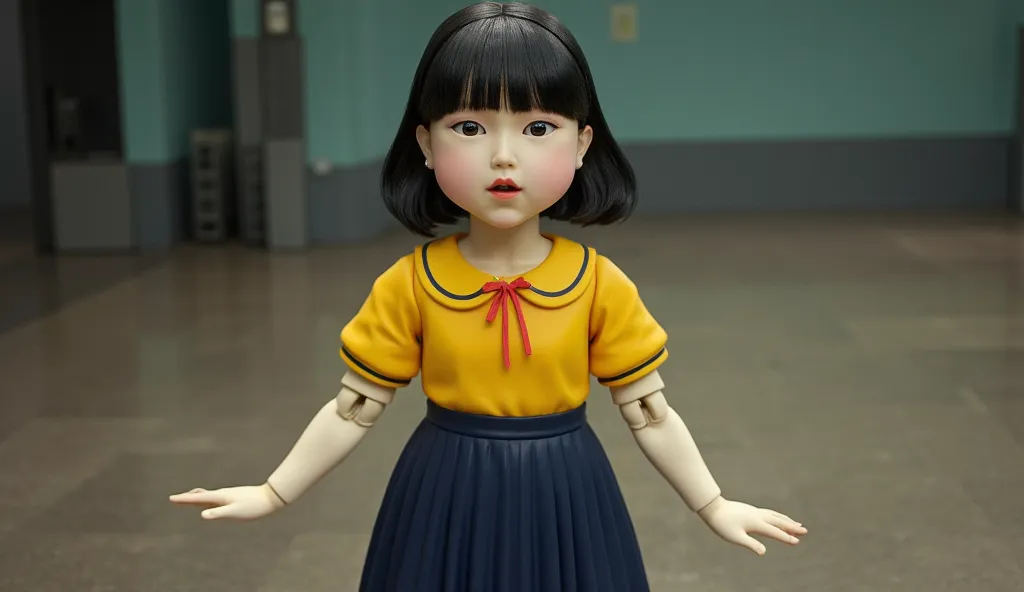 Create a life-sized, perfectly accurate replica of the Squid Game doll. The doll is a young girl with a vintage, slightly eerie appearance. She has short, straight black hair cut into a bob with blunt bangs, perfectly framing her face. Her eyes are large, ...