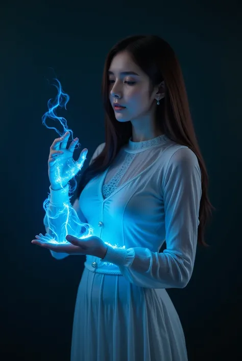 A young woman stands in a fantastical dark setting, gracefully moving her hands as she manipulates a blue, water-like aura. The aura flows from her fingertips, spreading smoothly as if parting the very air around her. The glowing blue light softly illumina...