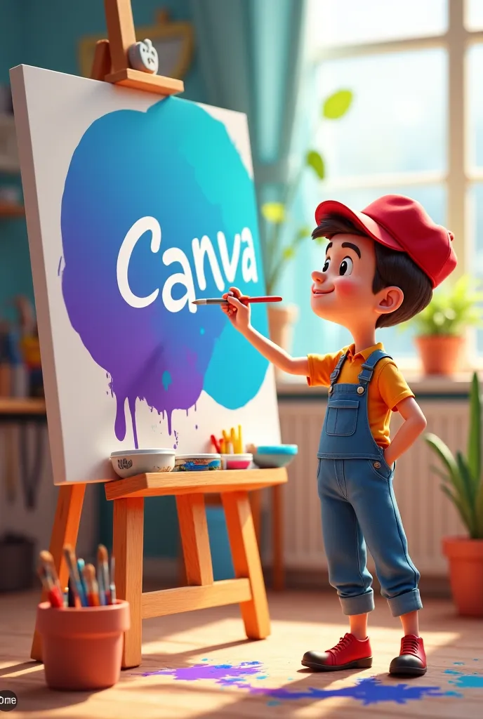 Make canva logo as cartoon human painter figure that paints canva logo on canvas 2D drawing