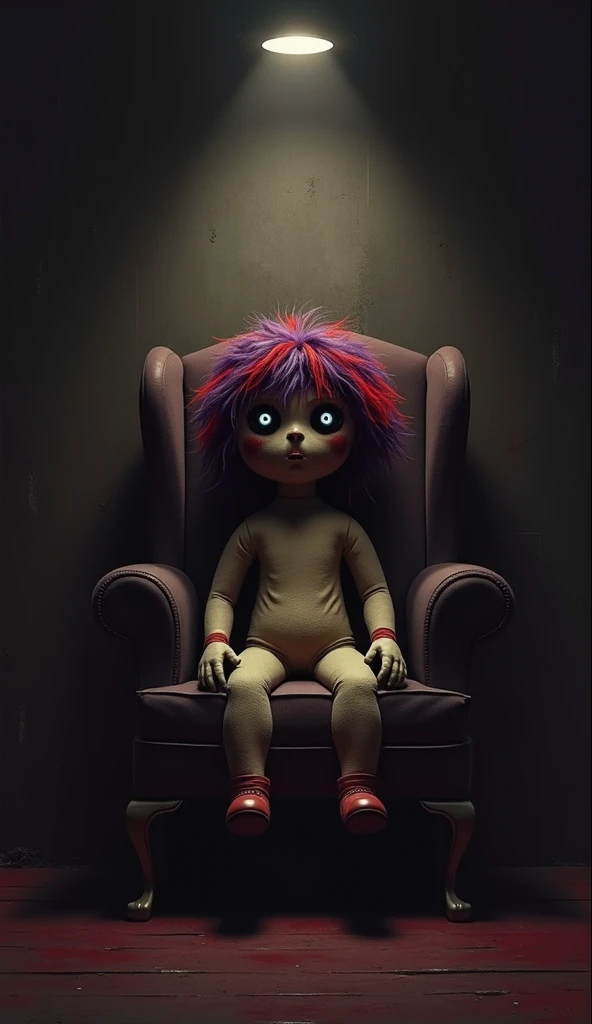 in a dark room under a light a rag doll with button eyes, Bare body and red and purple hair sitting on a chair